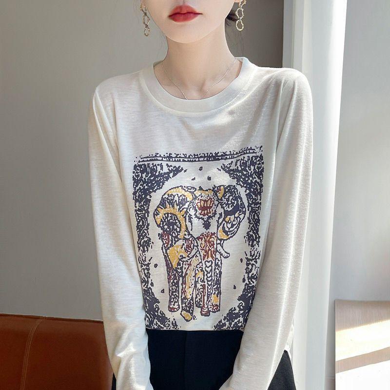 

Fashionable Round Neck Printed Long-sleeved Sweater Autumn and Winter New Versatile Elegant Comfortable Sweater Base Layer L белый