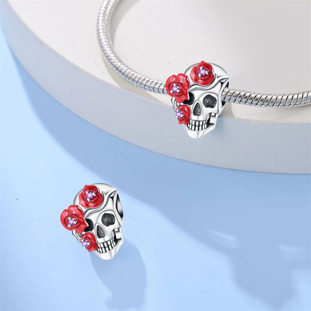 925 Silver Halloween Magic Key Dark Skull Beaded Charm Fit Exquisite Bracelet Diy Fine Jewelry Making Gift