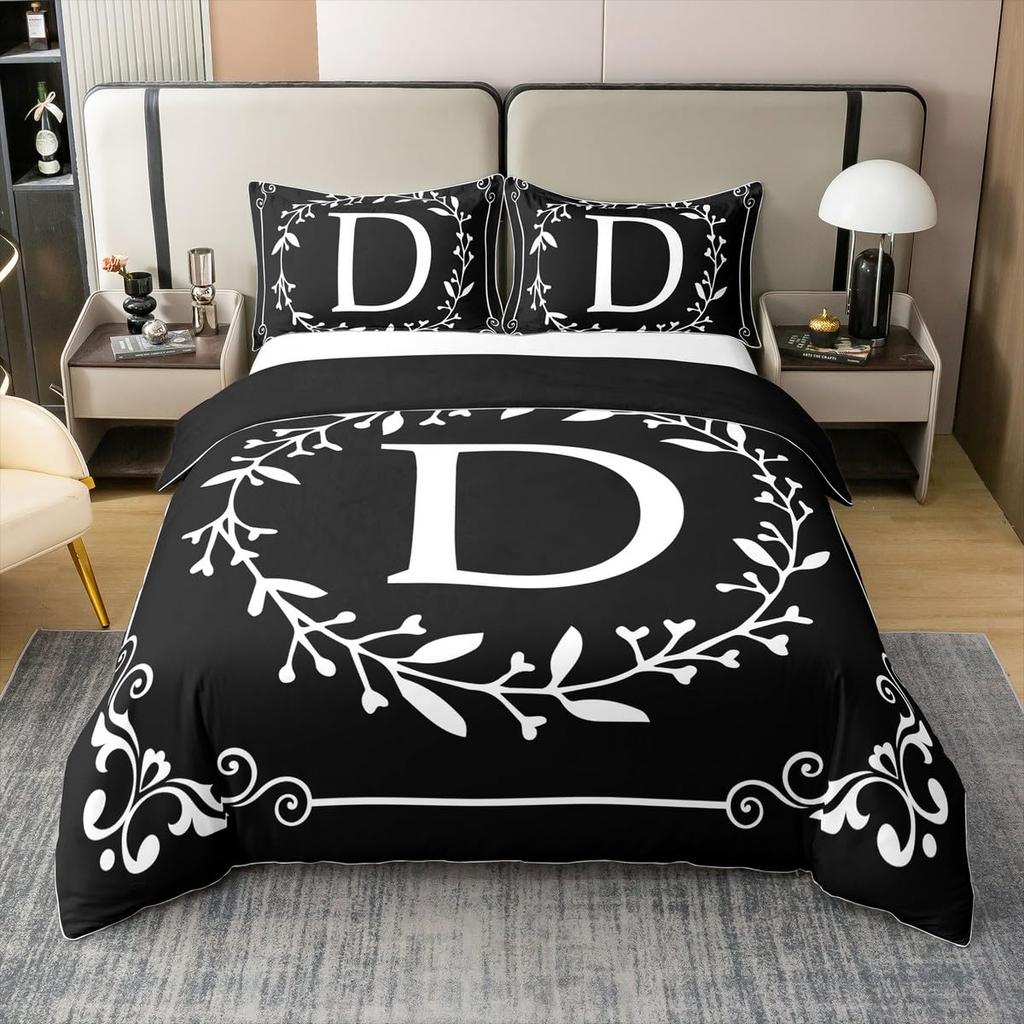 Initial Letter Z Twin Queen Duvet Cover Black And White Bedding Set Boho Floral Leaves Comforter Cover Gifts For Adult Girls