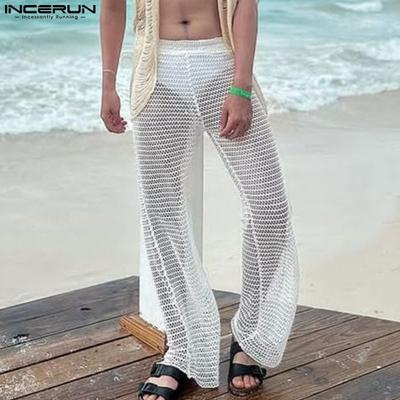 Men Mesh Elastic Waist Hollow Out See Through Beach Long Trousers