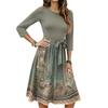 Women's Fashion Casual Waistband Seven Sleeve Round Neck Floral Flowy Dresses