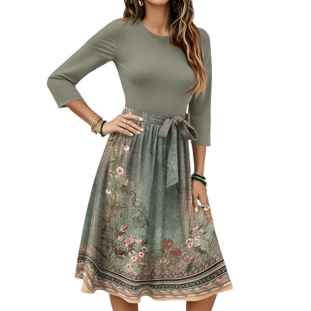 Women's Fashion Casual Waistband Seven Sleeve Round Neck Floral Flowy Dresses