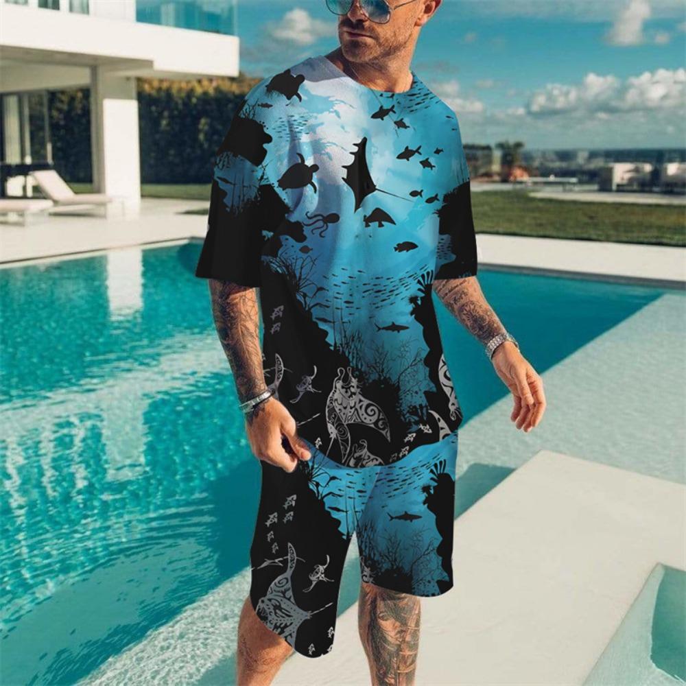 Vintage Wave Print T-shirt Set Summer Men's Beach Breathable Short Sleeve 2 Piece Set Men's Fashion Tops Set Men's Clothing