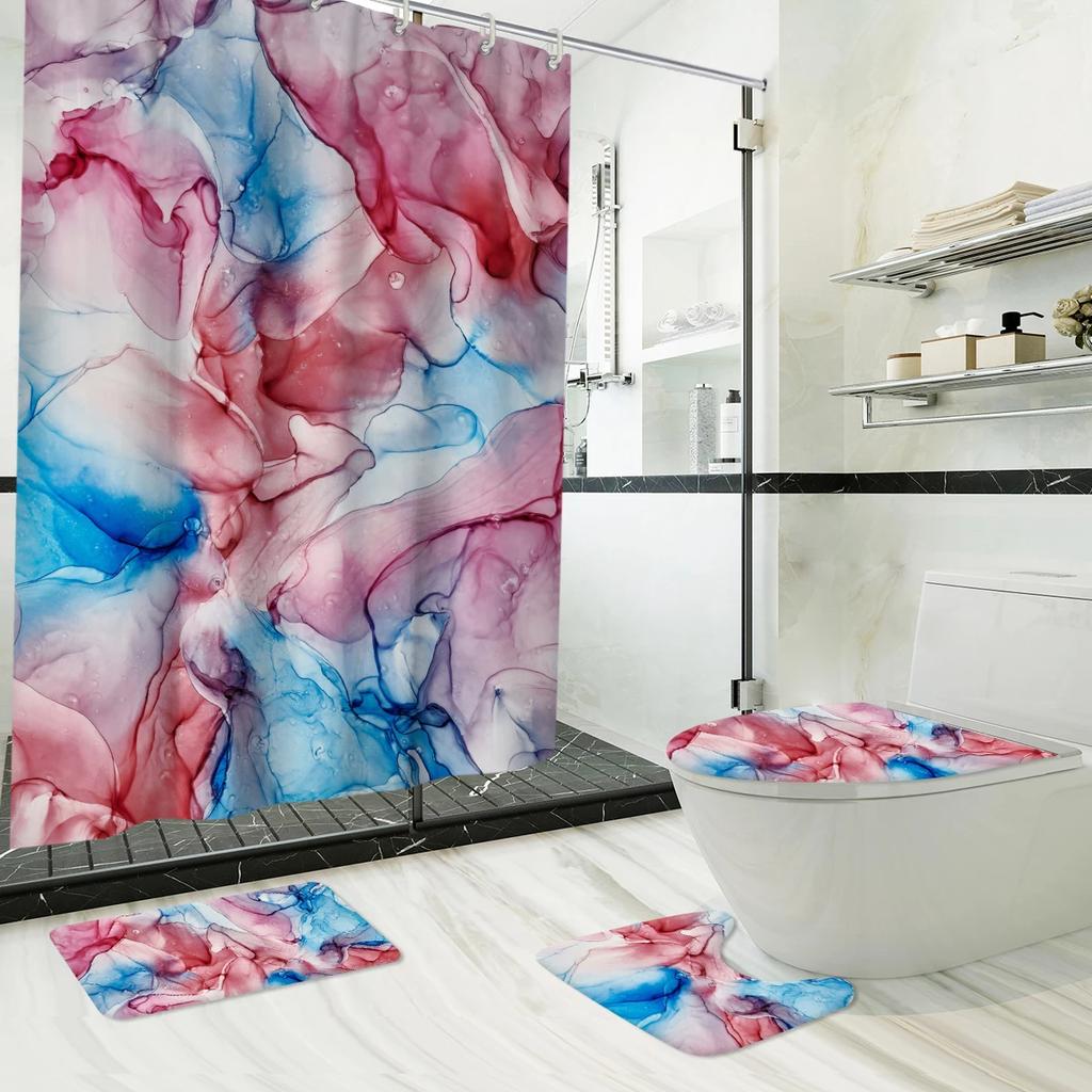 Marble Stain Print Long Shower Curtain Set Bathroom Mat Set Toilet Cover Non-Slip Bath Rug Waterproof Bathtub Decor With Hooks