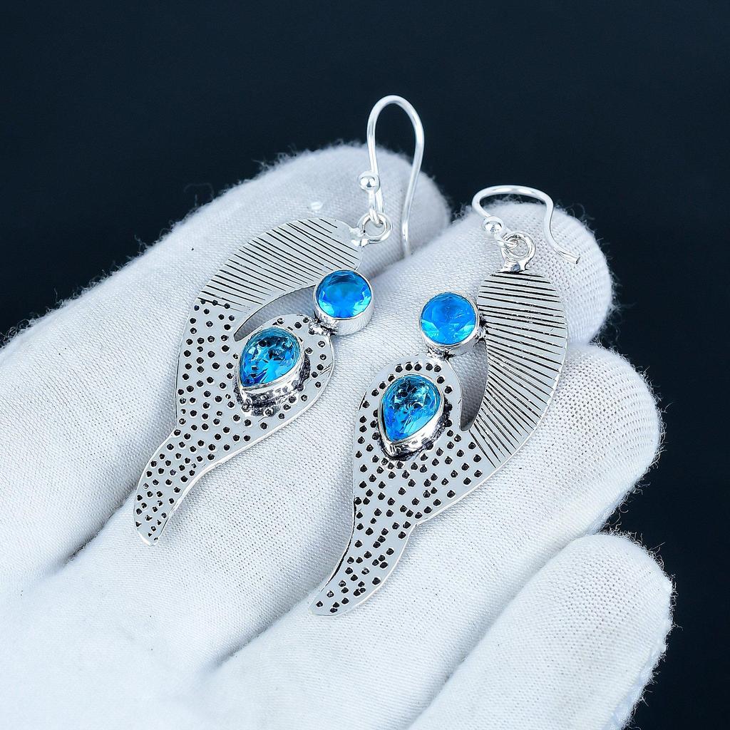 Beutiful Blue Topaz Gemstone Earrings, 925 Sterling Silver Earring, Handmade Boho Silver Jewelry Dangle Earrings, Valentine's Day Gift