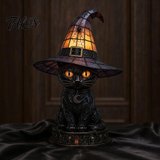 Gothic Bedroom Lamp Halloween Witch Cat Night Light, Resin Table with Warm Light Glow, Home Decor for Shelf, Spooky Gift Atmospheric