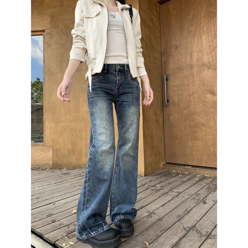 Kumikumi Retro Gyaru Distressed Blue Slightly Flared Jeans Women Clothes Autumn Chic Age-Reducing Slimming Trousers