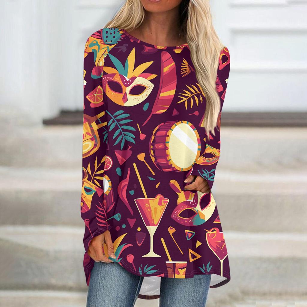 Women's Fashionable Round Neck Raglan Long Sleeved Carnival Printed Casual Pullover Top