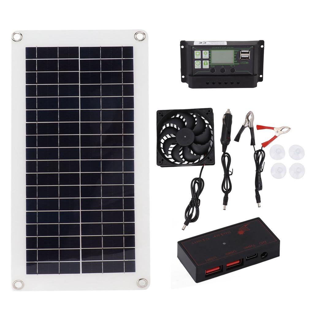 Solar Panel Fan Kit with 30A Controller Polysilicon 10W 18V Portable Solar Panel Powered Fan