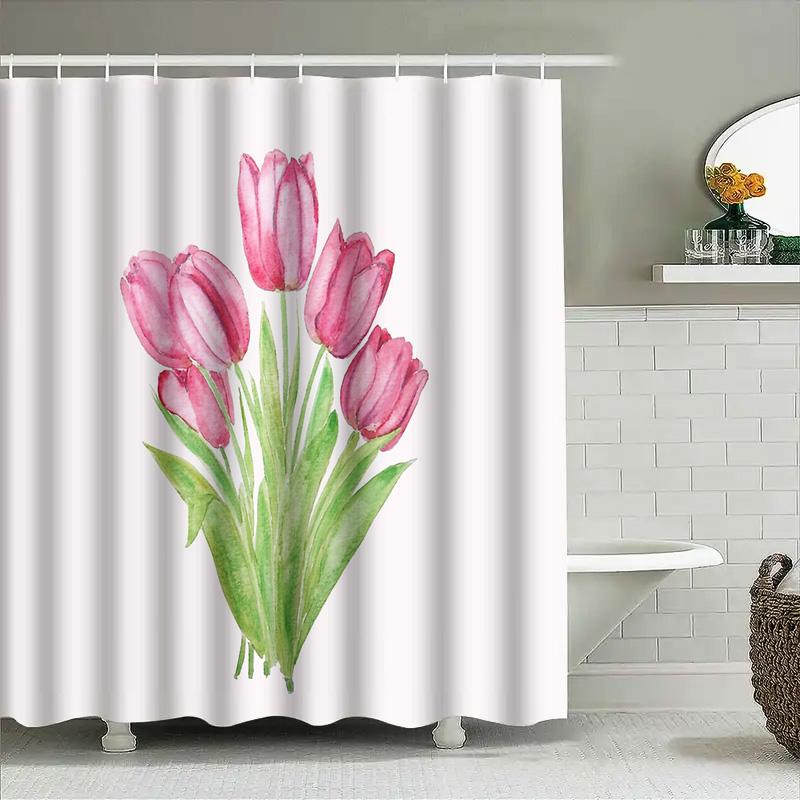 Floral Shower Curtain Botanical Tulip Flowers Pattern Bathroom Decor Waterproof Fabric Washable Modern Farmhouse Style Home