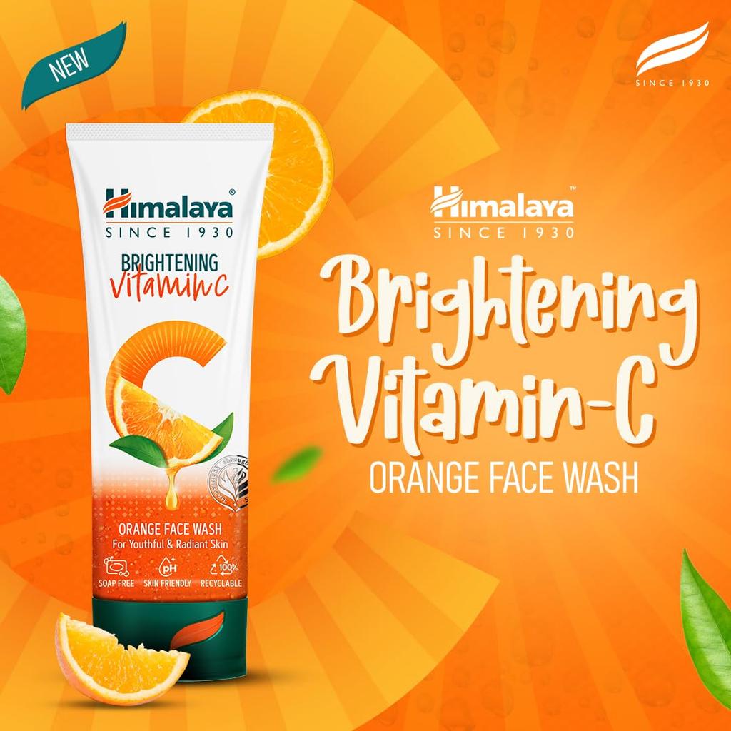 Himalaya Brightening Vitamin C Orange Face Wash 100ml Natural Radiance Boosting Cleanser for Dull Skin Removal