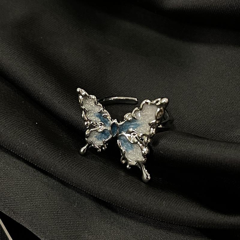 Butterfly Dripping Oil Open Ring, Personality, Niche Design, Cold Wind Ring, Stacked Index Finger Ring, Female
