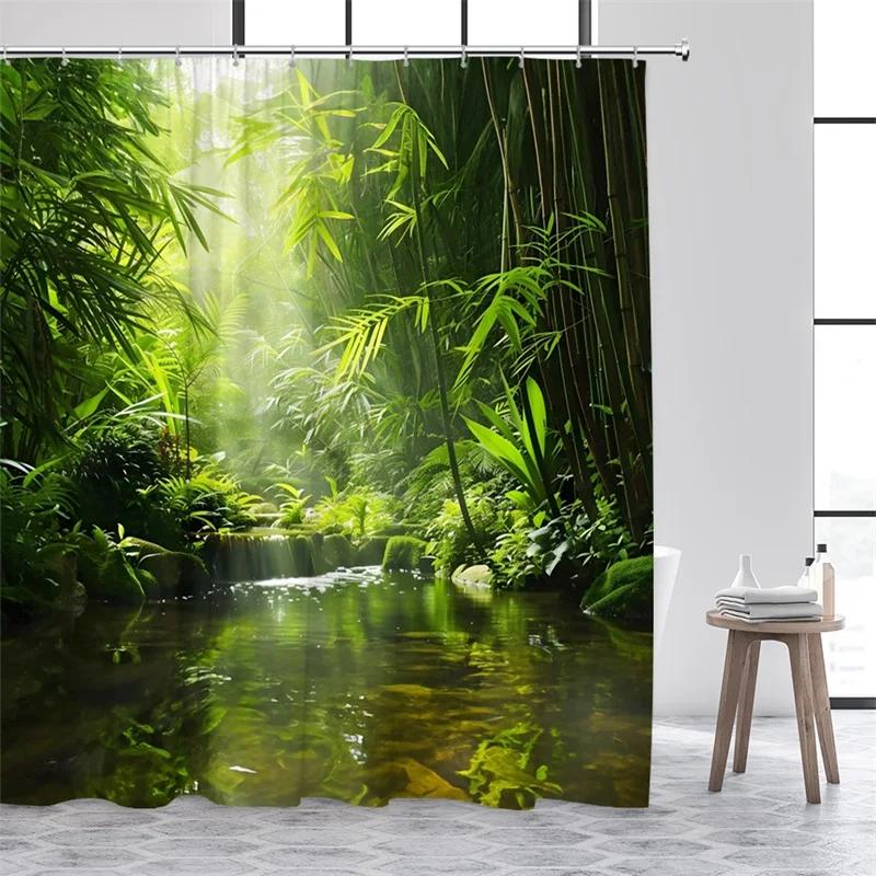 Tropical Jungle Landscape Shower Curtains Green Plants Palm Tree Waterfall Forest Nature Scenery Home Bathroom Curtain Decor Set