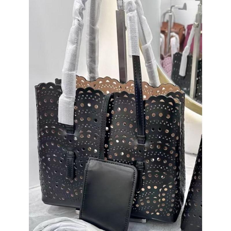 New cowhide leather high-end hollow vegetable basket bucket bag tote bag one shoulder crossbody handbag women