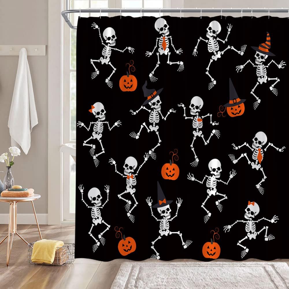 

Halloween Skull Shower Curtain Black Spooky Skull Skeleton Horror Pumpkin Funny Gothic Day Of The Dead Happy Halloween Fabric W60H190(CM)-1 Pcs