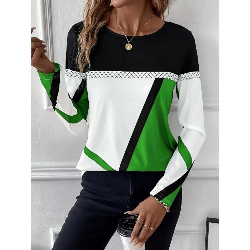 Modă de Primăvară și Toamnă Tricou Damă Tee Color Block Imprimeu 3D Hanorac Zilnic Casual cu Mânecă Lungă Tricou Gât Rotund Articole Sport
