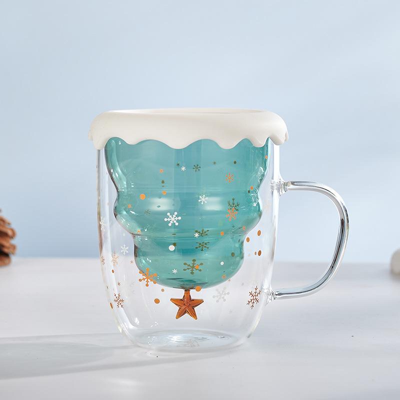 Double Layer Insulated Christmas Cup with Lid Coffee Cup High Borosilicate Glass Cup Wholesale with Handle Glass Decorative Cup