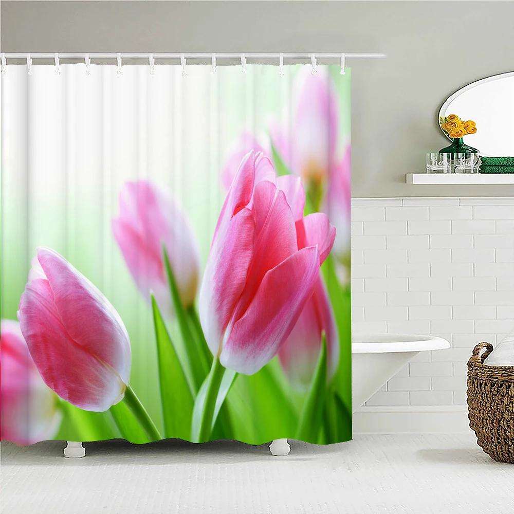 Colorful Tulip Flowers Shower Curtains 3D Beautiful Flower Print Bath Curtain Waterproof Fabric With Hooks Bathroom Decoration
