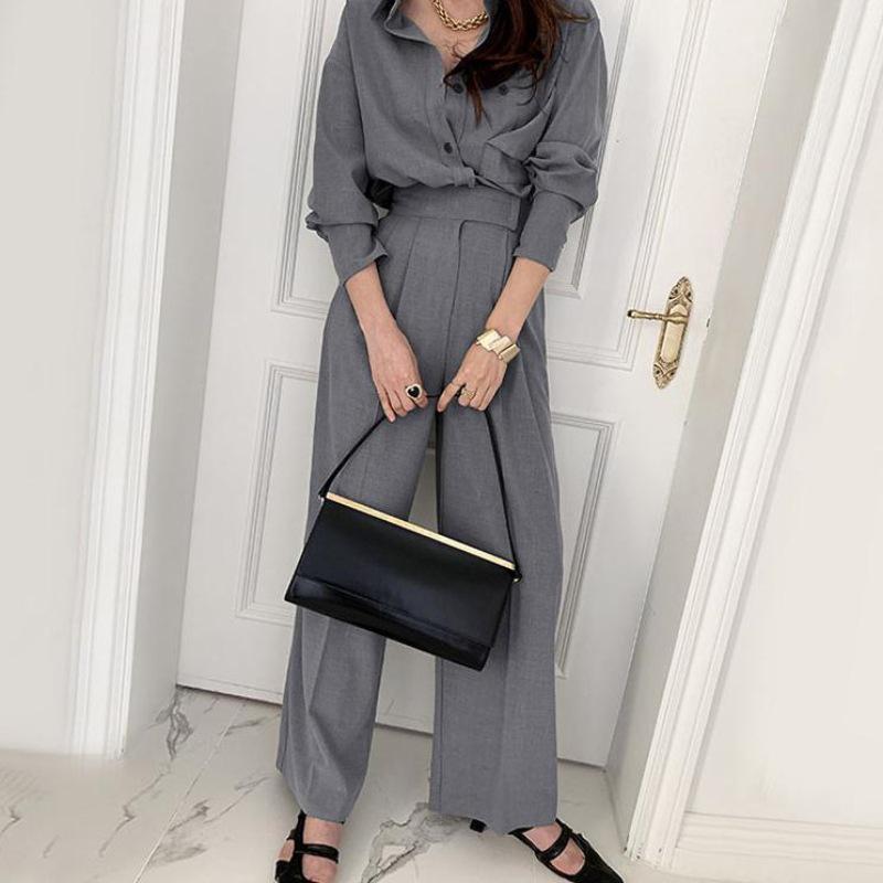 Women's 2025 Fashion Long Sleeve Shirt & High Waist Wide Leg Pants Two-Piece Suit