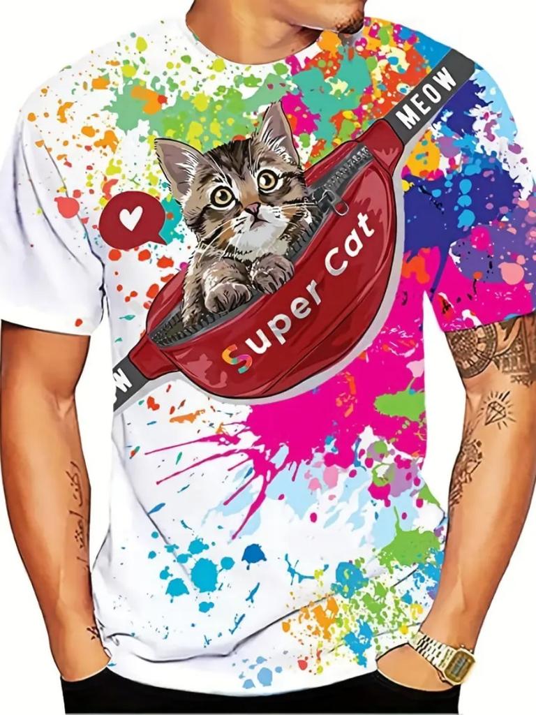Tricou Amuzant Pisică Bărbați Grafică Parodie Tricou Imprimare 3D Personalitate Mânecă Scurtă Gât Rotund Cămașă Casual Bărbați Tricouri Cool Topuri