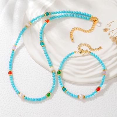 Bracciale Collana in Pietra Naturale e Perle d'Acqua Dolce - Gioielli in Turchese Blu e Agata Rossa per Donne