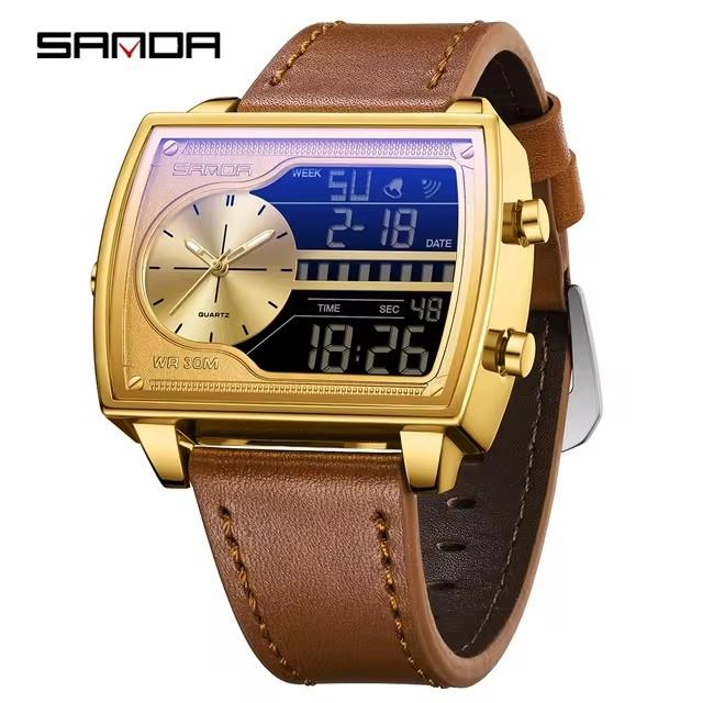 SANDA 6163 Digital Analog Men Watch Square Case Dual Display Steel Leather Silicone Strap Multifunction Sport Business Watch