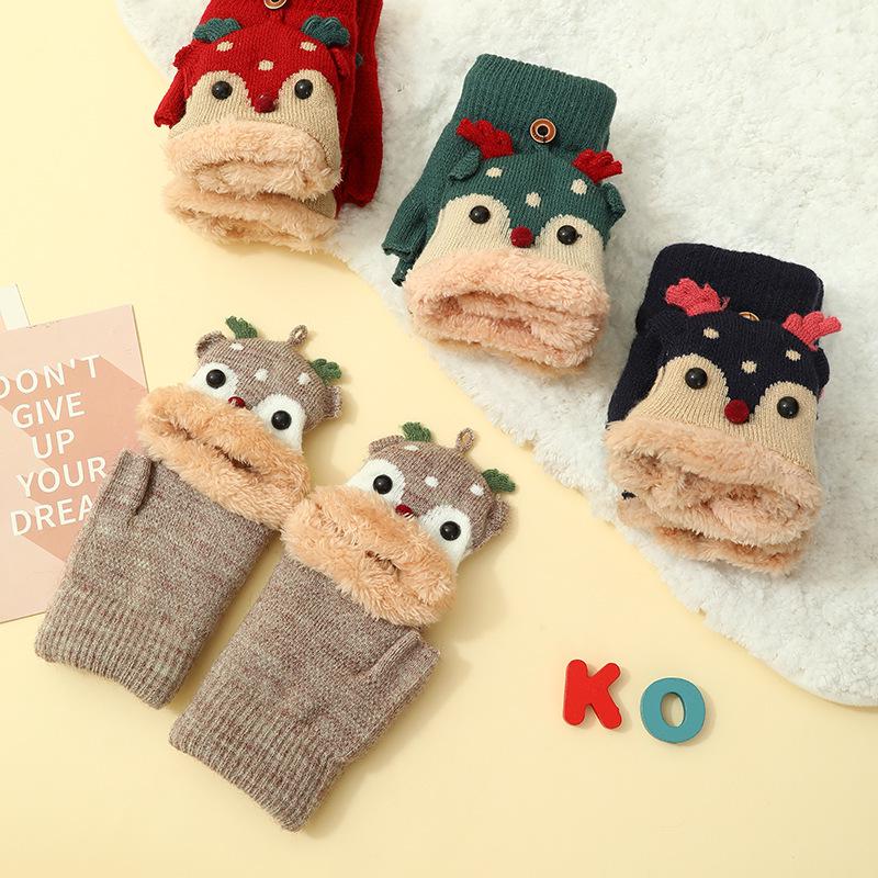 Korean-Style Cute Cartoon Fawn Flip Gloves for Students – Warm, Cold-Proof Gloves for Autumn and Winter Riding & Writing