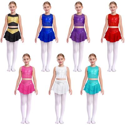 Girls Dance Performance Outfit Sleeveless Crop Top Cutout Back Design Sheer Mesh Patchwork Shiny Sequins Tiered Skirt