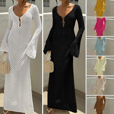 Europäisch-Amerikanisches V-Ausschnitt Hohlmuster Langarm Strandkleid