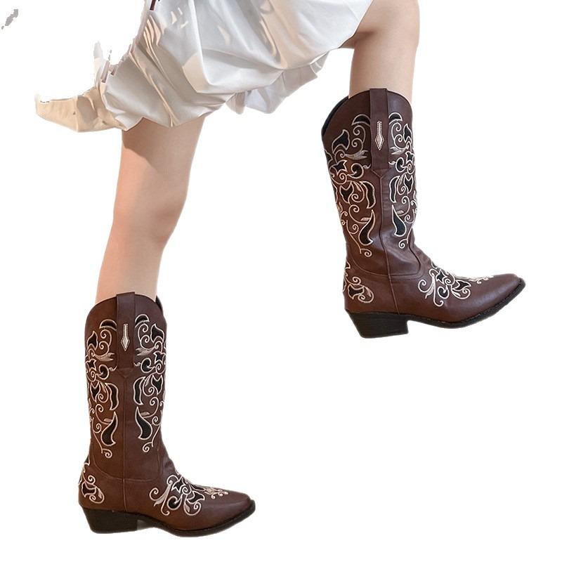 Western cowboy boots women's autumn and winter pointed head thick heel middle heel but knee long tube embroidered women's boots mouth knight boots