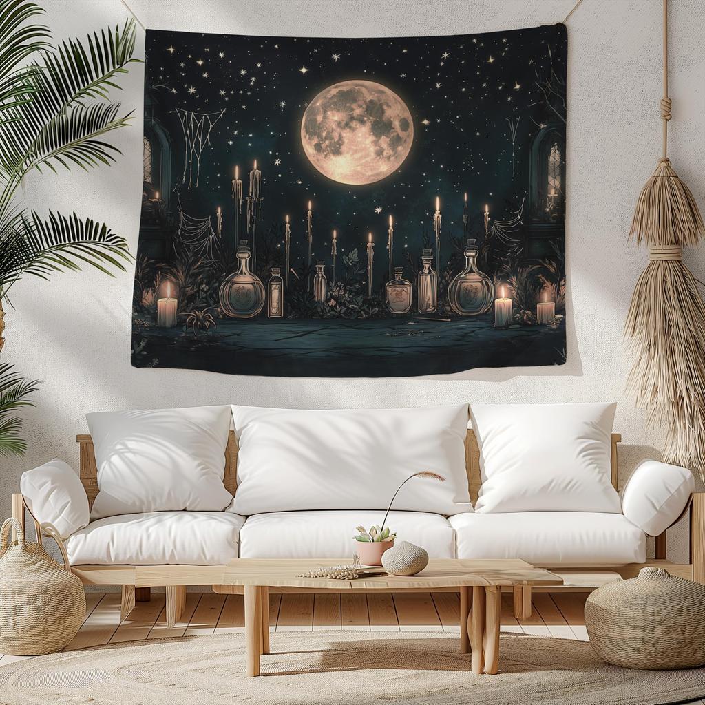 Candles and Curios Tapestry Full Moon Wall Hanging Witchy Wall Cloth Dark Academia Background Cloth Fantasy Wall Art Magic Potions