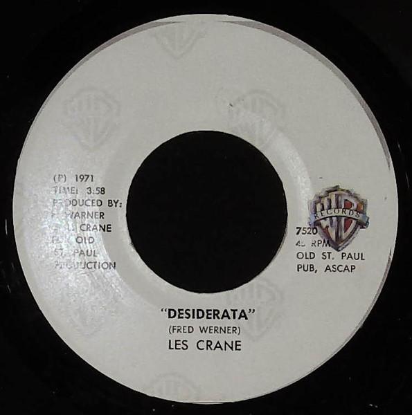 7inch Record LES CRANE  Desiderata  A Different Drummer 7520 Warner Bros. Re  Jamaica Dance  Electronica Used