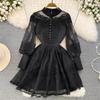 Retro Long Sleeves Stand Collar Crochet A- Line Dress Lace