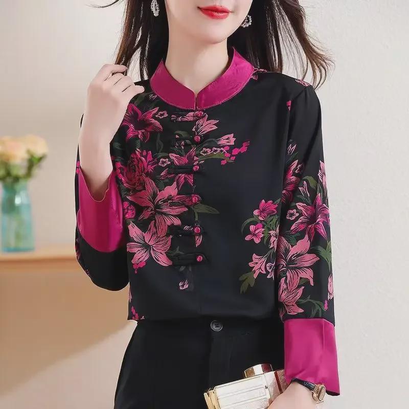 2024 Summer Women's Long-Sleeve Silk Shirt, Retro Chinese-Western Fusion Style
