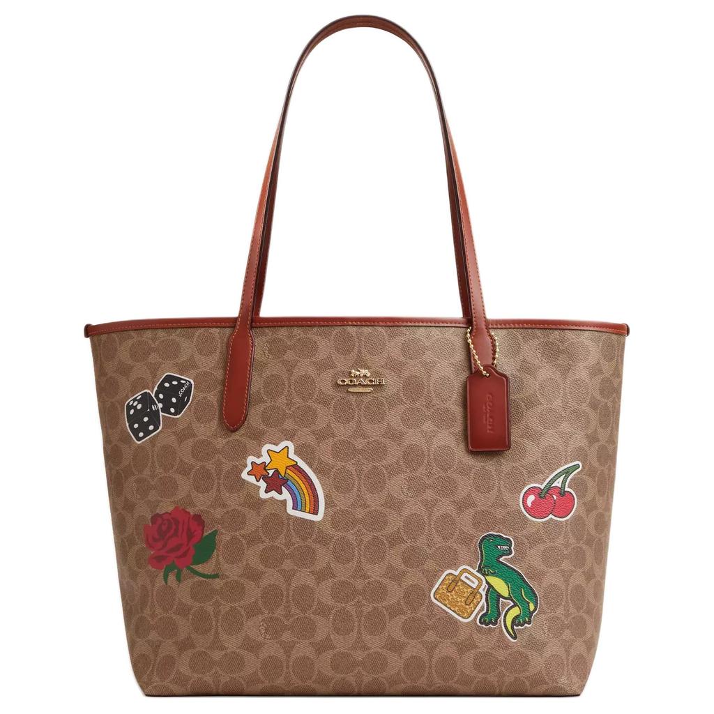 Coach City 33 Sticker Print Snap Closure Coated Canvas Tote Bag Women Tote Brown Multicolor CZ611-IMTAM