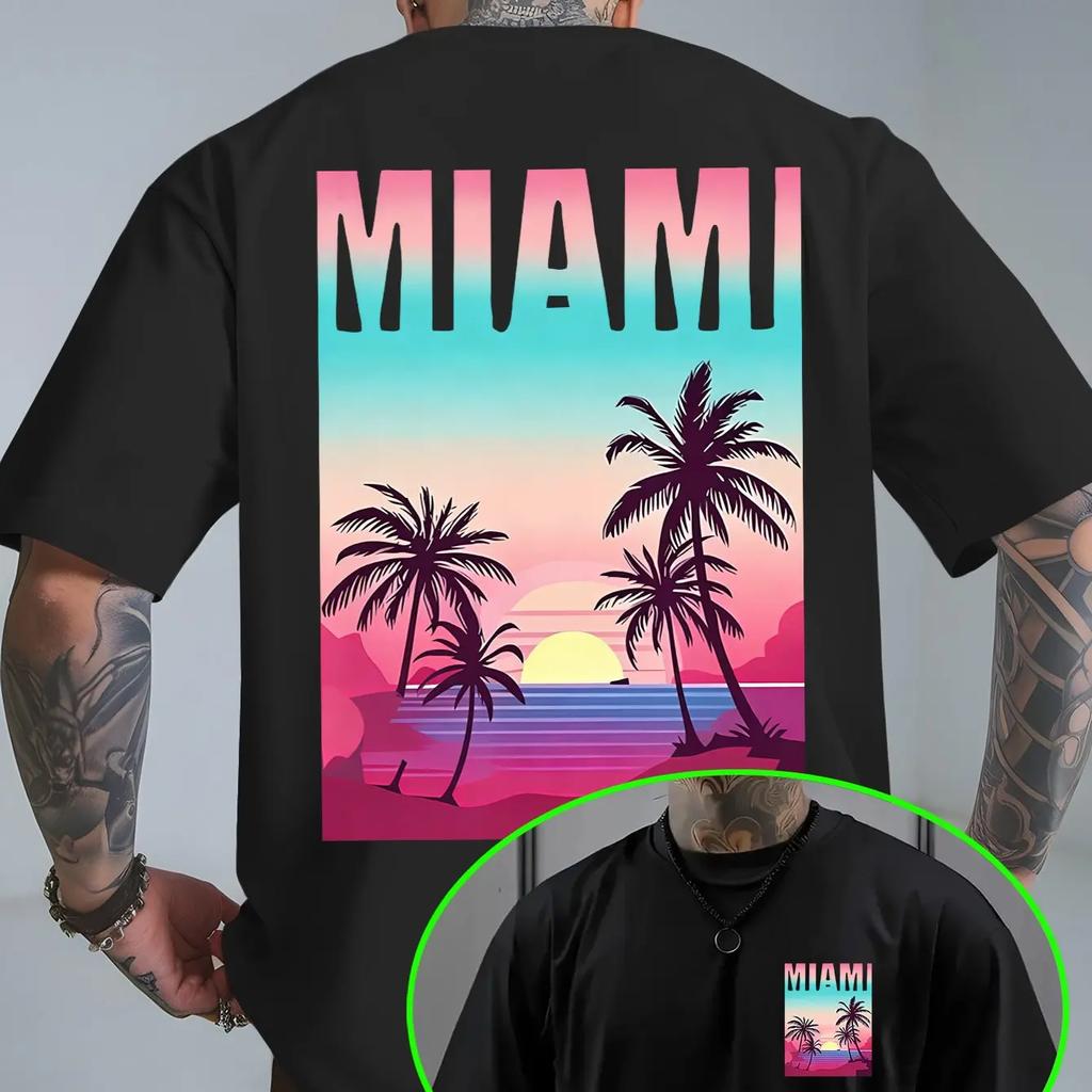 Reine Baumwolle Atmungsaktiv Neon-Farbverlauf Miami Unisex Strandmotiv T-Shirt Ein Vielseitiges Oberteil Für Sommerliche Strandausflüge 2026 Sommer Neu
