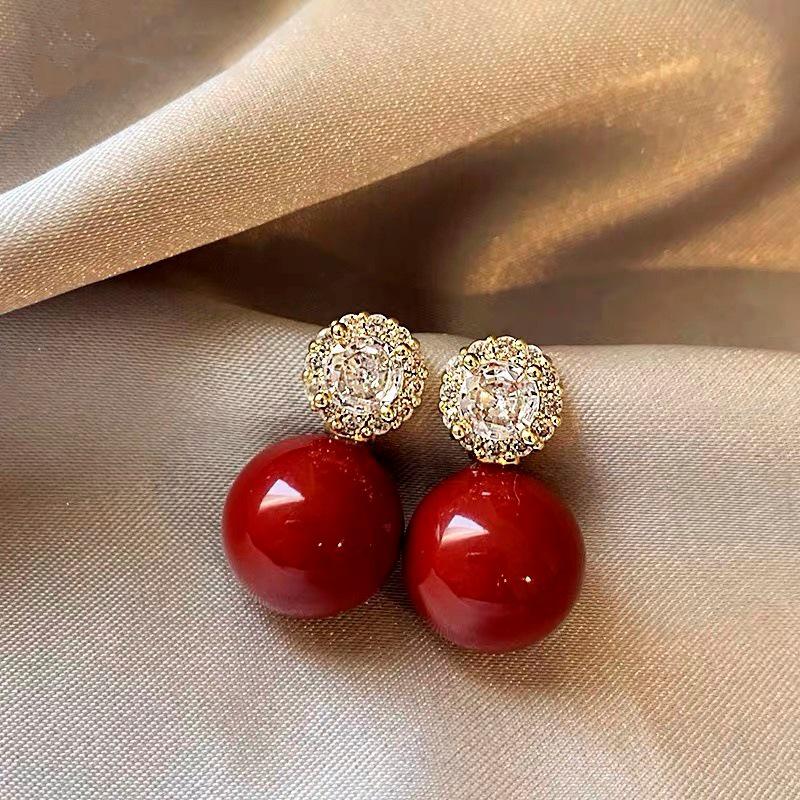 Elegant French Red Pearl Zirconia Stud Earrings for Women - High-End, Fashionable & Versatile Design