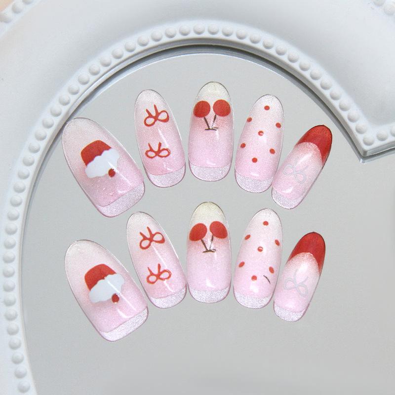Iced cat-eye cute strawberry cake French cherry bow removable manicure 30 pieces