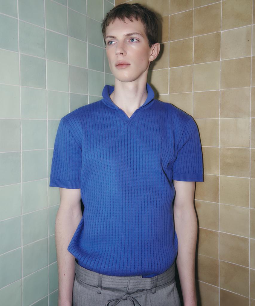 Leondi Johnny Collar Short Sleeve Knit - Blue