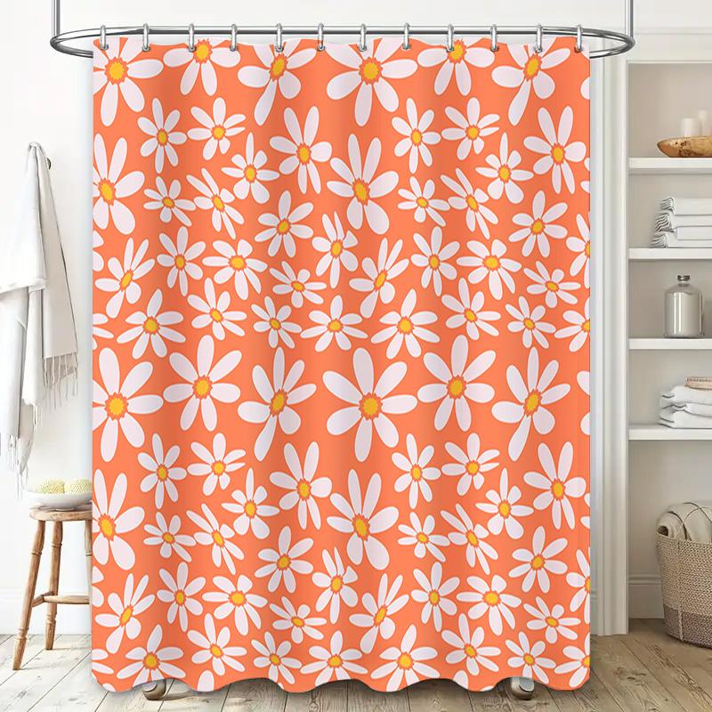 Blommigt duschdraperi Orange Vit Daisy Vattentät badrumsdekor 3D-utskrift Tvättbar tyg duschdraperi för badkar