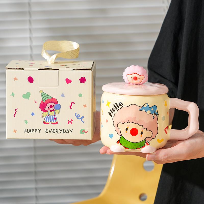 Creative Ins Style Clown Ceramic Cup with Lid Home Office Couple Water Cup High Precision Soft Gift Mug