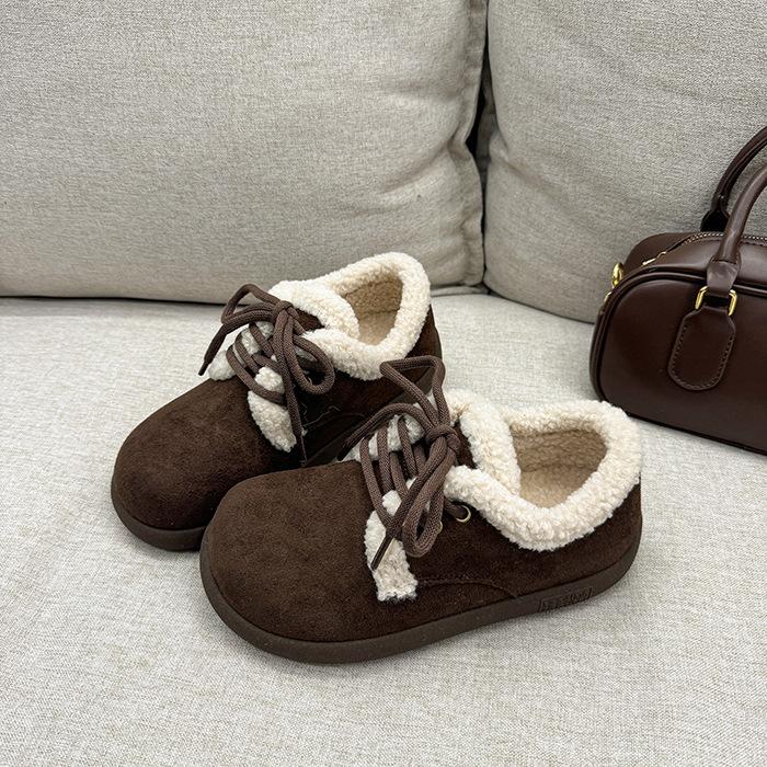 Japanese big head autumn and winter new thick velvet warm cotton shoes women's shoes Maillard color non-slip retro fluffy casual shoes