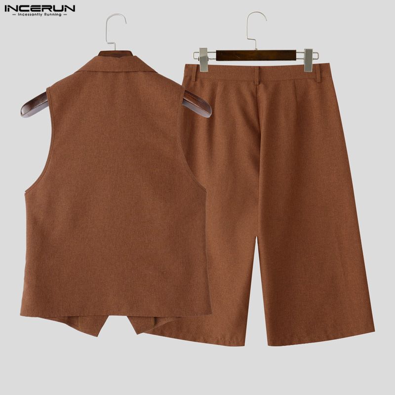 INCERUN Two-piece Suits Men Sleeveless Thin Waistcoat and Cropped Pants Sets
