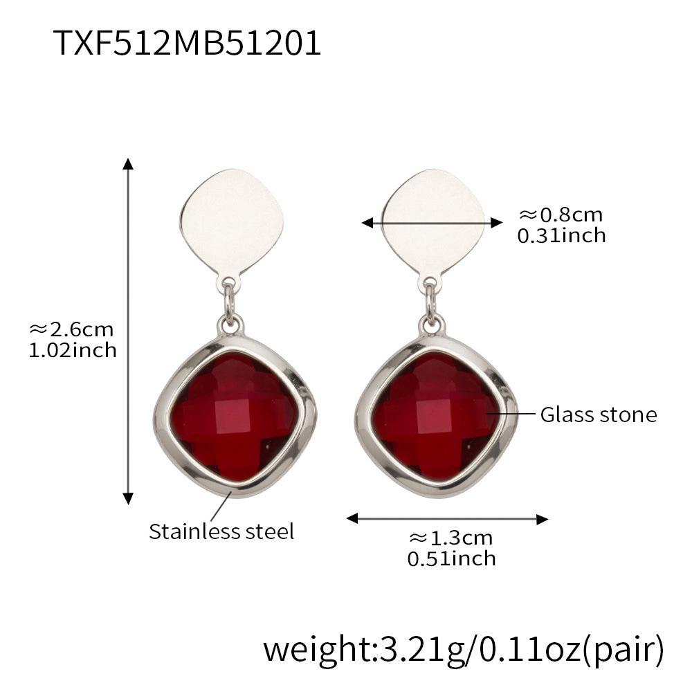 Stylish European & American Stainless Steel Jewelry Set with Square Faceted Glass Stones: Includes Bracelet, Necklace, and Earrings