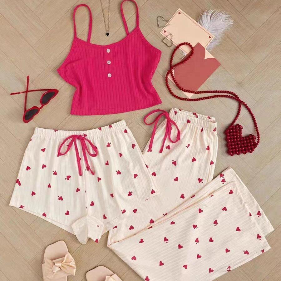 Sweet Girly Three-Piece Women's Pajama Set: Vest & Long Pants for Spring/Summer