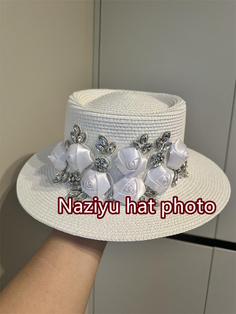 202507-shi  Chic Ins Summer Rose Flower Dirll White Paper Grass Britain Grace Lady Fedoras Cap  Women Leisure Panama Hat