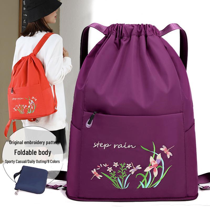 Women's Fashion Embroidery Drawstring Backpack: Oxford Cloth, Foldable Travel Bag