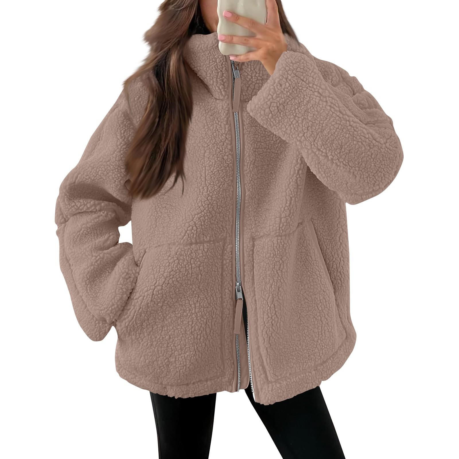 

Женская плюшевая куртка, повседневная, с длинным рукавом, большого размера, теплая, с двойной молнией, зимняя, плюшевая куртка M кофейный
