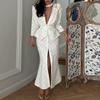 2026 Womens Elegant Office-Ready Long Sleeve V-Neck Printed Midi Dress Set Casual Workwear Outfit