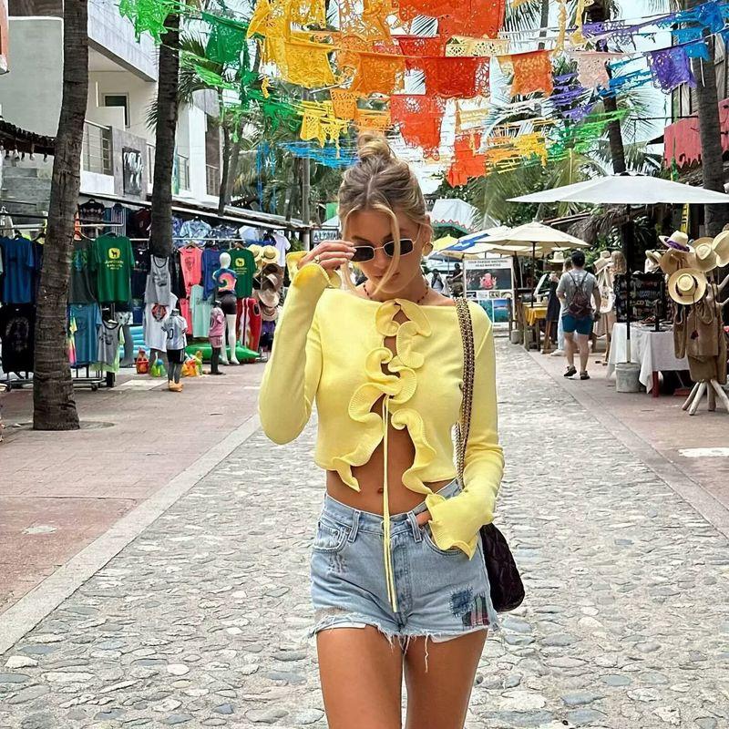 Zbzr Spring New Women Clothes Western Style Lace Patchwork Contrast Color Long Sleeve Knit Cardigan Slimming Short Top